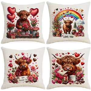 Highland Cow Valentine's Day Pillowcase Linen Decorative Cushion Cover Romantic Heart Rose Printed Square Throw Pillow Case