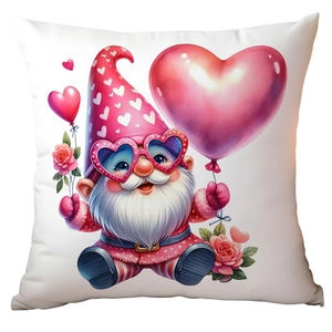 Detail of Valentine cushion cover featuring a cute gnome with red hearts and pink balloons
