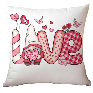 Detailed view of gnome pattern and LOVE lettering on Valentine's Day pillowcase cover