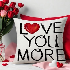 Linen LOVE YOU MORE heart throw pillow case with red tulips and romantic background