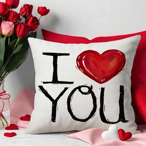 Linen Valentine's Day pillow cover with 'I Love You' heart design and rustic texture