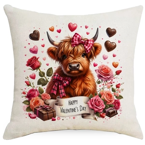 Valentine's Day Highland Cow throw pillow cover with floral hearts and festive bow