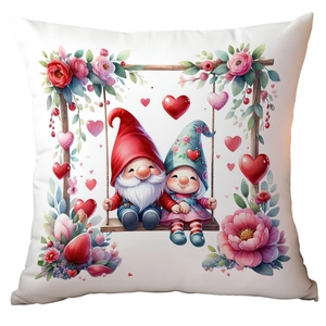 Detail of Valentine cushion cover featuring cute gnomes, pink hearts and floral wreath