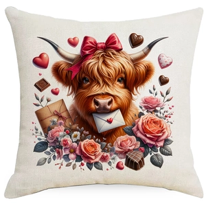 Valentine Highland Cow pillow case with heart chocolate and floral motifs decoration