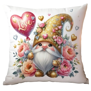 Valentine's Day gnome pillow cover with golden sequin hat and heart balloon design