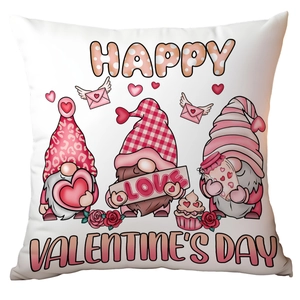 Valentine's Day pillow cover featuring cute gnomes with hearts and LOVE text prints