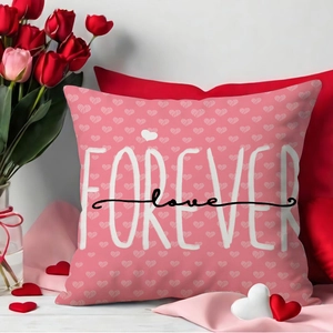 Pink decorative pillow cover with heart patterns and Forever Love text for home decor