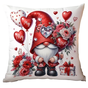 Square Valentine's Day cushion cover featuring a romantic gnome with heart balloons