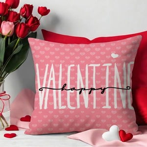 Pink Valentine heart pillow cover with white love patterns and happy lettering