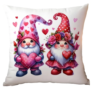 Detail of Valentine gnome couple illustration with pink hearts on a square pillowcase