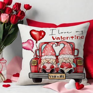 Valentine's Day pillow case with red truck and gnomes print on beige fabric base