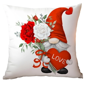 White Valentine pillow cover with cute gnome holding love heart and rose bouquet design