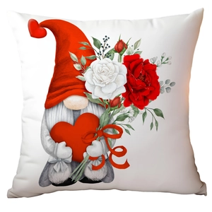 White Valentine gnome pillow cover with red heart and watercolor flower pattern
