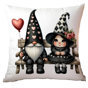Detail of gothic gnome couple illustration with heart balloon on square white pillowcase