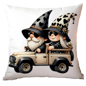 Detail of white gnome cushion cover featuring cartoon gnomes in a retro beige car