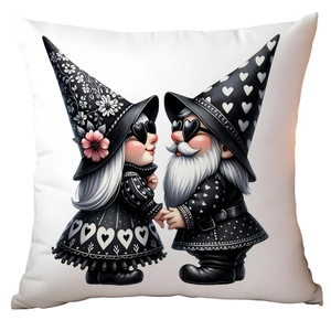 Detail of white square pillowcase featuring cute Valentine gnomes with heart sunglasses