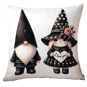 Detail of square cushion cover with cute couple gnomes holding an I Love You heart
