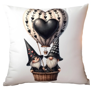 Detail of a gnome couple and heart hot air balloon printed on white cushion cover fabric