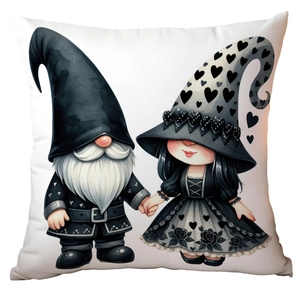 Close-up of heart-themed gnome couple illustration on black and white pillow cover