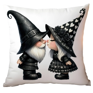 Square white pillowcase with cute black Valentine gnomes holding hearts illustration