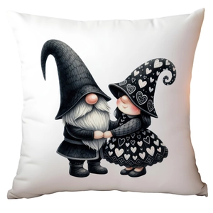 Valentine gnome couple square cushion cover for sofa, black and white heart pillowcase