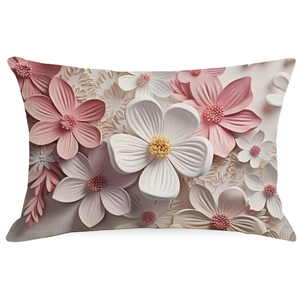 Close-up of 3D embossed floral cushion cover featuring white and purple oil painting flowers