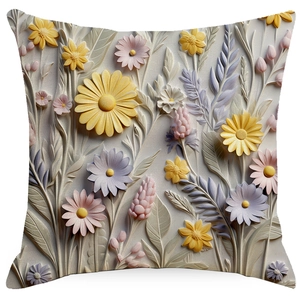 Close-up of 3D embossed floral pattern on vintage cushion cover with daisy carving details