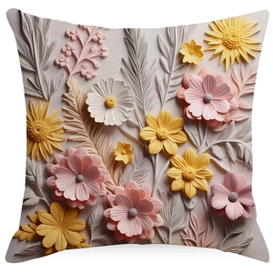 Detail of 3D embossed floral pattern on square decorative pillowcase with sun flower design