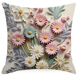 Vintage floral 3D embossed pillow cover with elegant cream daisy and lily patterns