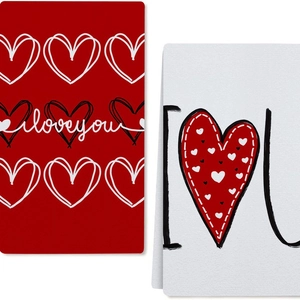 Absorberende rood-witte badstof keukendoeken set met hartjespatronen en Love You opdruk