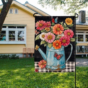 Garden flag featuring a blue watering can with spring flowers and colorful butterflies