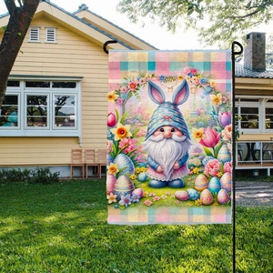 Easter garden flag with cute gnome and rabbit ears on burlap fabric with metal stand