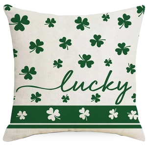St. Patrick's Day clover pillow cover with lucky text and green stripe design