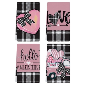 Asciugamani da Cucina in Microfibra di San Valentino Cuori Rosa Plaid Buffalo Strofinacci Assorbenti Stampati Decorazione da Tavola Romantica