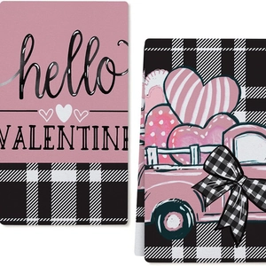 Set di asciugamani da cucina per San Valentino con cuori rosa e motivi camion