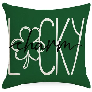 Saint Patrick's Day green pillow cover with LUCKY charm text and clover pattern