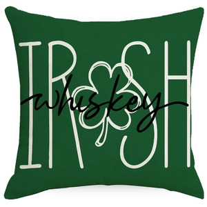 Saint Patrick's Day cushion cover with green Irish whiskey text and shamrock print
