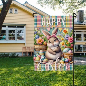 Happy Easter garden flag featuring a cute bunny with floral eggs and colorful flowers