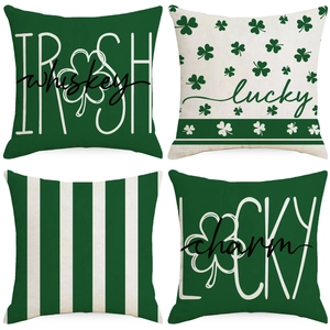 St. Patrick's Day Cushion Cover Linen Green Shamrock Stripe Print Decorative Throw Pillow Case For Home Living Room Sofa