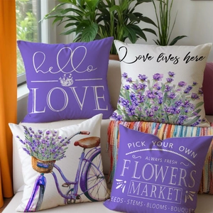 Set of 4 decorative lavender pillow covers with floral prints and hello love text on sofa