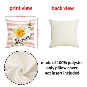 Macro detail of 18-inch square linen-textured pillowcase with bloom daisy print