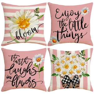 Modern Minimalist Linen Pink Daisy Printed Throw Pillow Case Square Decorative Cushion Cover For Sofa Living Room Home Decor
