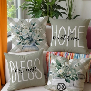 Set of four sage green and plaid decorative throw pillow covers with spring floral prints