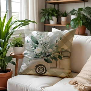 Spring daisy cushion featuring retro truck art on a green plaid decorative sofa pillow