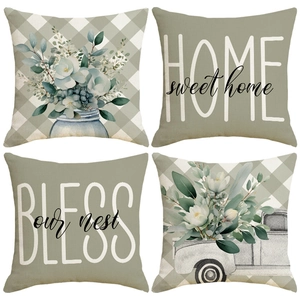 Sage Green Daisy Floral Vintage Truck Linen Pillow Cover Home Sweet Home Bless Our Nest Decorative Square Throw Pillowcase