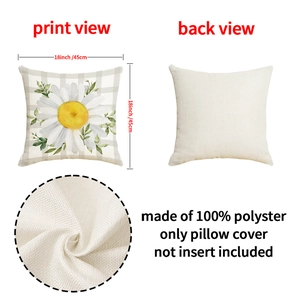 Detailed views of white daisy printed cushion cover in 18-inch polyester linen fabric