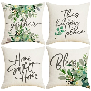 Taie d'Oreiller Décorative en Lin avec Impression de Lettres et Feuilles de Plantes Coussin de Canapé Carré Moderne Décor Maison