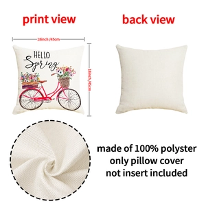 Detail of 18-inch polyester pillow case with Hello Spring bicycle print and fabric texture