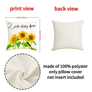 Detail view of sunflower linen pillow cover showing 18 inch size and fabric texture