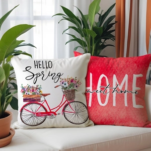 Detailed texture of cotton linen pillow covers with spring bike and home sweet home prints
